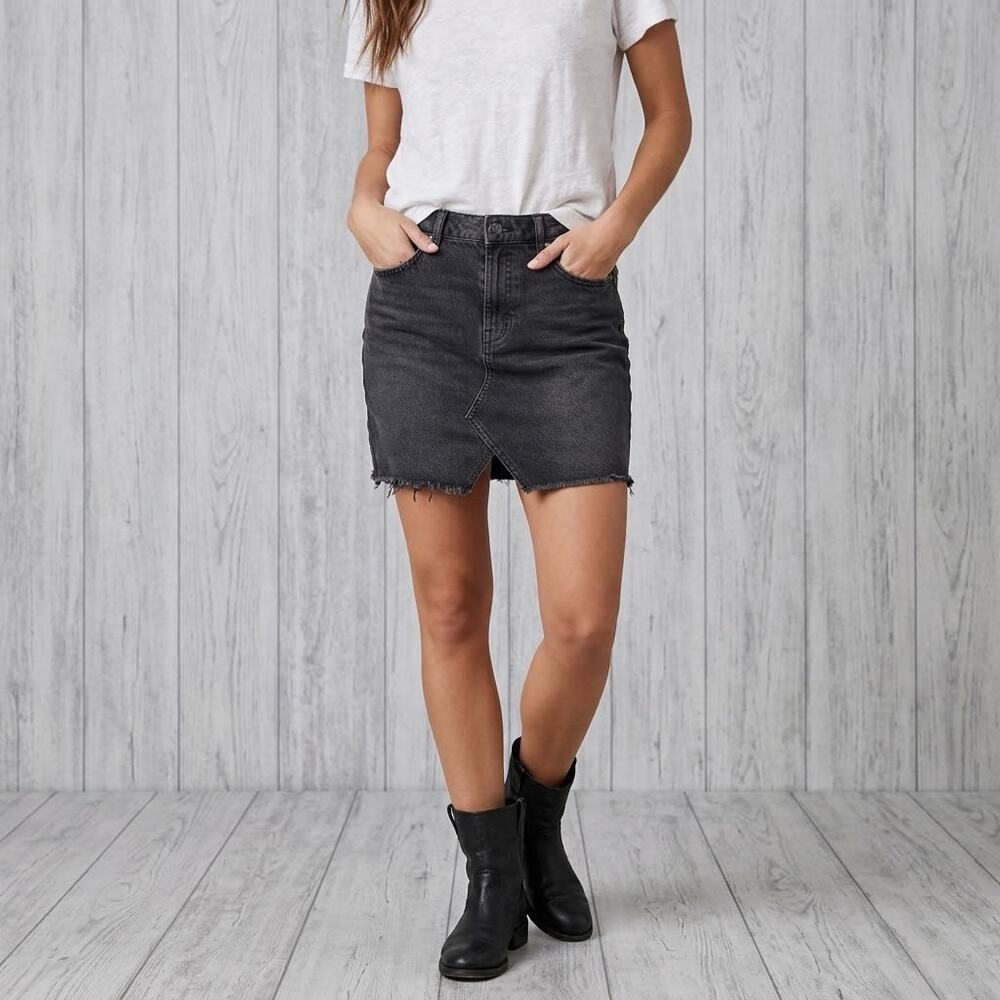Rocker Grunge We The Free Free People Black distressed Denim Skirt Size 28 Edgy
